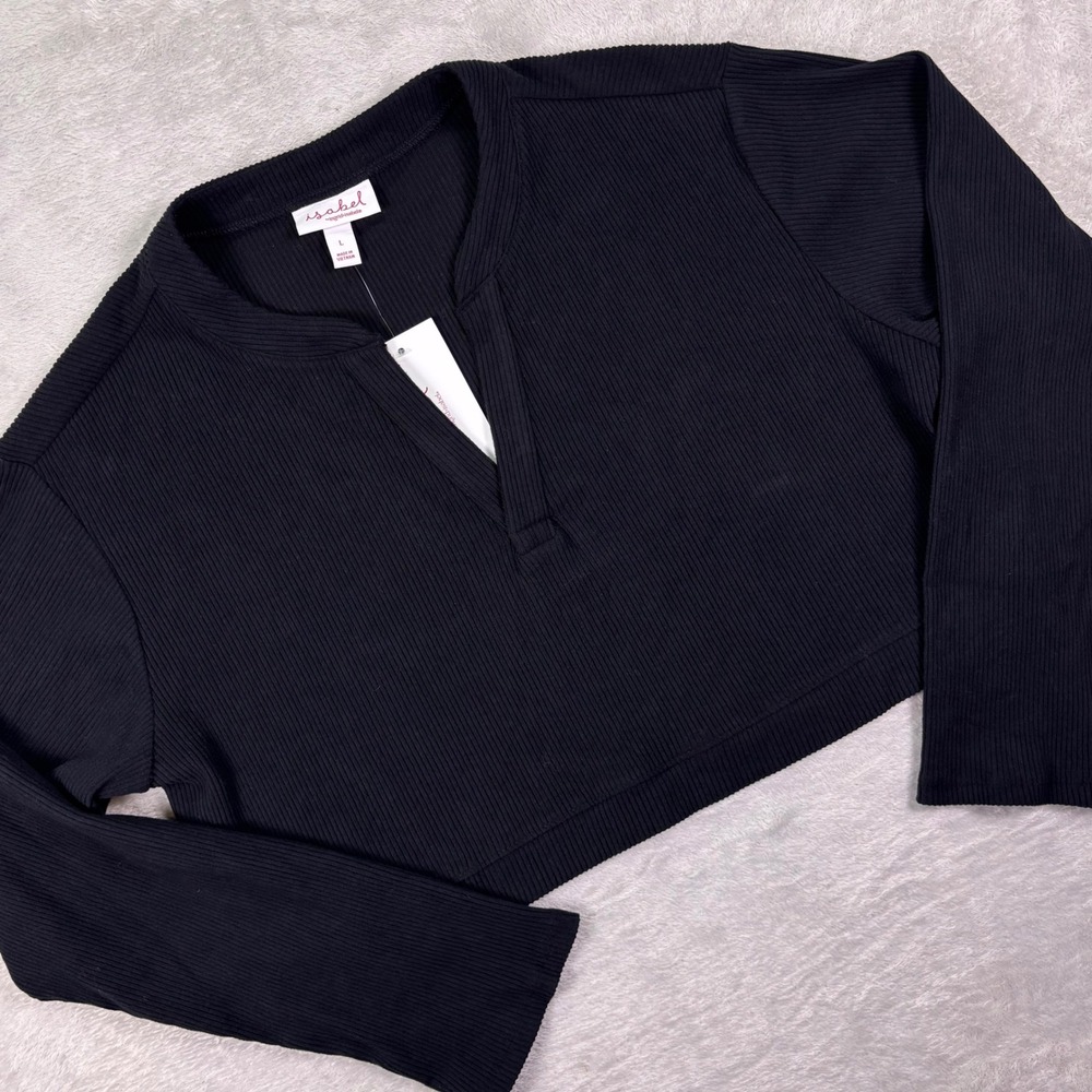 NWT Isabel by Ingrid & Isabel Women's Ribbed Henley Maternity Crop Top L Black